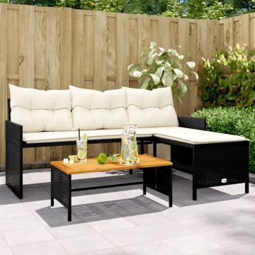 L-Shaped Black Poly Rattan Garden Sofa with Table & Cushions