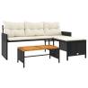 L-Shaped Black Poly Rattan Garden Sofa with Table & Cushions