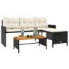 L-Shaped Black Poly Rattan Garden Sofa with Table & Cushions