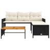 L-Shaped Black Poly Rattan Garden Sofa with Table & Cushions