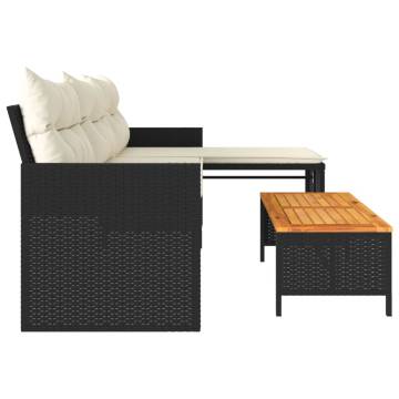 L-Shaped Black Poly Rattan Garden Sofa with Table & Cushions