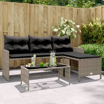 L-Shaped Garden Sofa with Table & Cushions - Grey Poly Rattan