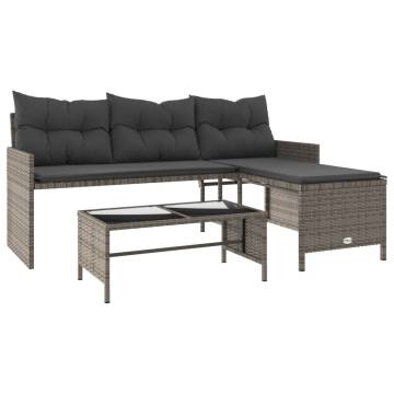 L-Shaped Garden Sofa with Table & Cushions - Grey Poly Rattan