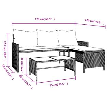 L-Shaped Garden Sofa with Table & Cushions - Grey Poly Rattan