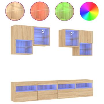 6 Piece TV Wall Cabinet Set with LED Lights - Sonoma Oak