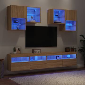 6 Piece TV Wall Cabinet Set with LED Lights - Sonoma Oak