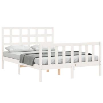 White Double Bed Frame with Headboard - Solid Pine Wood