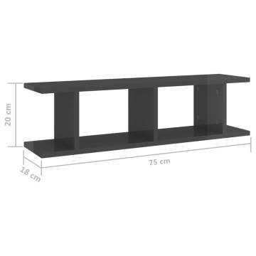 High Gloss Grey Wall Shelves - 2 pcs (75x18x20 cm)