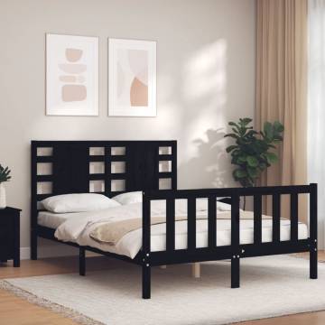 Black Bed Frame with Headboard - 140x190 cm Solid Wood