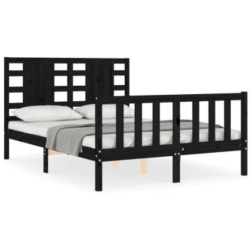 Black Bed Frame with Headboard - 140x190 cm Solid Wood