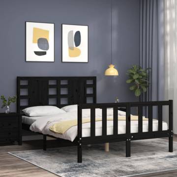 Black Bed Frame with Headboard - 140x190 cm Solid Wood