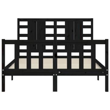 Black Bed Frame with Headboard - 140x190 cm Solid Wood