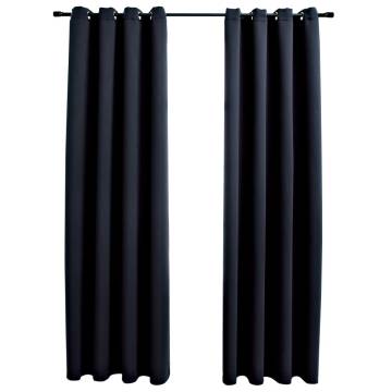 Blackout Curtains with Metal Rings - 140x225 cm Black (2 pcs)