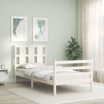 White Small Single Bed Frame with Headboard - Solid Wood