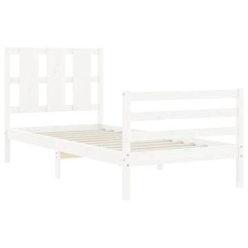 White Small Single Bed Frame with Headboard - Solid Wood