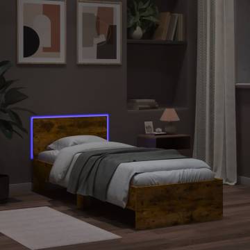 Bed Frame with Headboard & LED Lights - Smoked Oak 75x190 cm