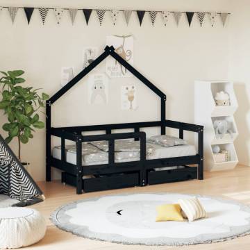 Kids Bed Frame with Drawers - Black Solid Pine 70x140 cm