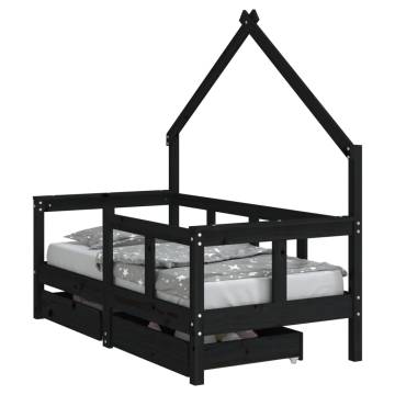 Kids Bed Frame with Drawers - Black Solid Pine 70x140 cm