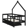 Kids Bed Frame with Drawers - Black Solid Pine 70x140 cm