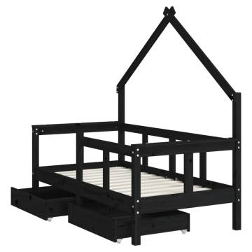 Kids Bed Frame with Drawers - Black Solid Pine 70x140 cm