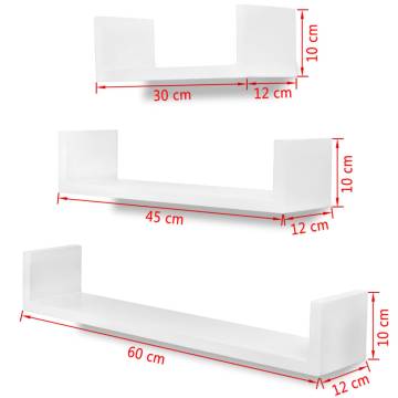 3 White MDF U-shaped Floating Wall Shelves - Stylish Storage