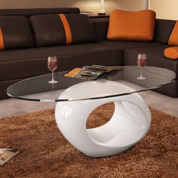 Modern Oval Glass Coffee Table - High Gloss White Finish