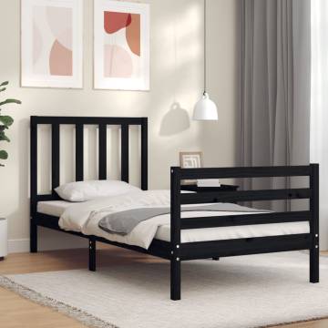 Black Bed Frame with Headboard - 100x200 cm Solid Wood