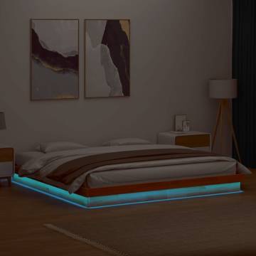 LED Bed Frame in Wax Brown - Solid Pine, 200x200 cm | HipoMarket