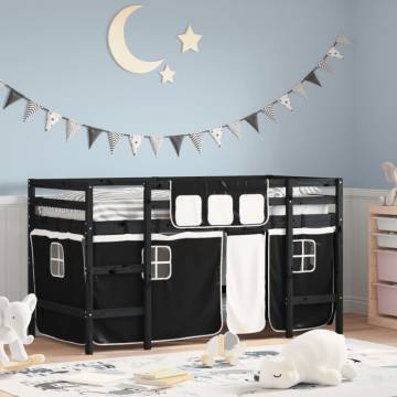 Kids' Loft Bed with Curtains - Solid Pine Wood, White & Black