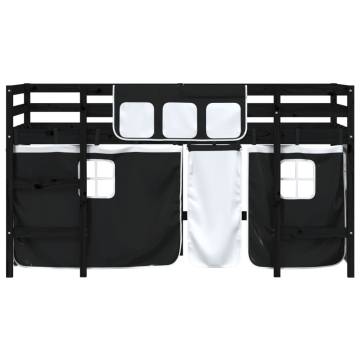 Kids' Loft Bed with Curtains - Solid Pine Wood, White & Black