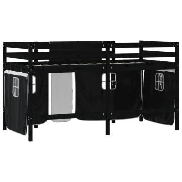 Kids' Loft Bed with Curtains - Solid Pine Wood, White & Black