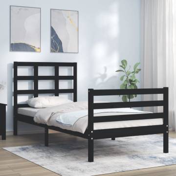 Black Bed Frame with Headboard - 90x200 cm Solid Wood