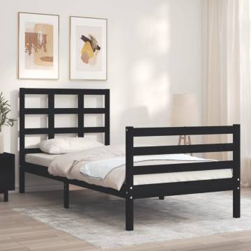 Black Bed Frame with Headboard - 90x200 cm Solid Wood