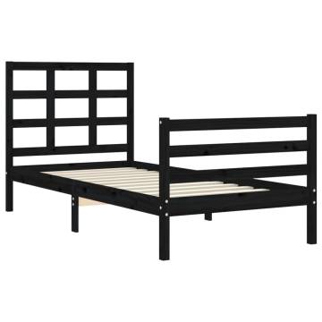 Black Bed Frame with Headboard - 90x200 cm Solid Wood