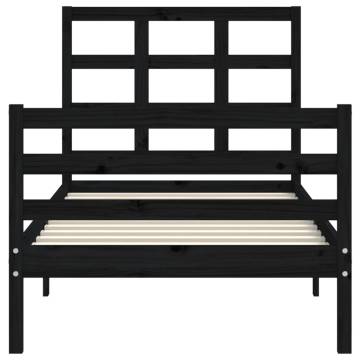 Black Bed Frame with Headboard - 90x200 cm Solid Wood