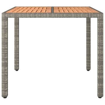 Garden Table with Wooden Top - Grey Poly Rattan & Acacia