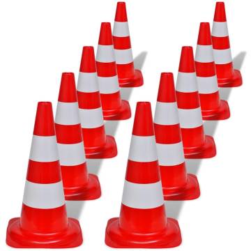 10 Reflective Traffic Cones - Red and White 50 cm