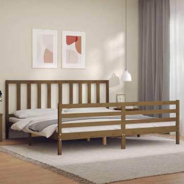 Honey Brown Wooden Bed Frame with Headboard - 200x200 cm