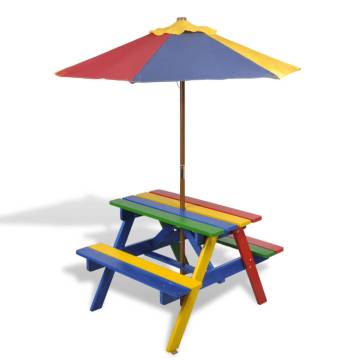 Kids' Picnic Table with Benches & Parasol - Multicolour Wood