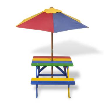 Kids' Picnic Table with Benches & Parasol - Multicolour Wood