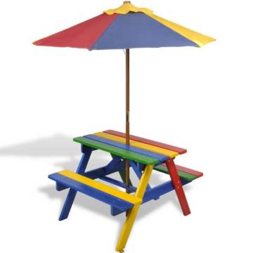 Kids' Picnic Table with Benches & Parasol - Multicolour Wood