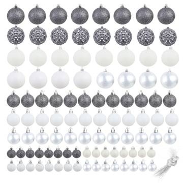 100 Piece Christmas Ball Set - White & Grey - Shatterproof Decor