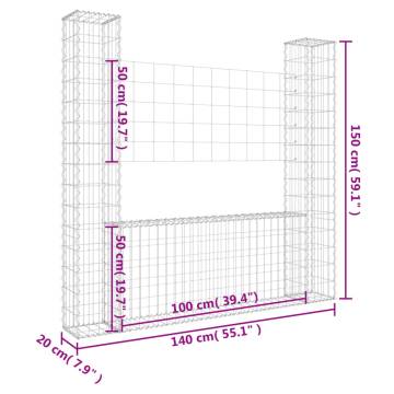 U-shape Gabion Basket with 2 Posts - Durable Iron 140x20x150 cm