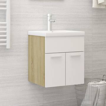 Stylish Sink Cabinet with Built-in Basin - White & Sonoma Oak