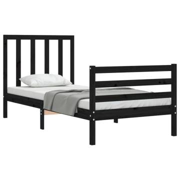 Black Bed Frame with Headboard - 100x200 cm Solid Wood