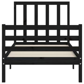 Black Bed Frame with Headboard - 100x200 cm Solid Wood