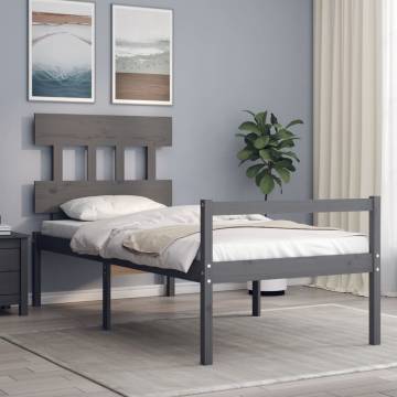 Grey Bed Frame with Headboard 100x200 cm - Solid Wood Design