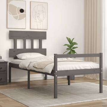 Grey Bed Frame with Headboard 100x200 cm - Solid Wood Design