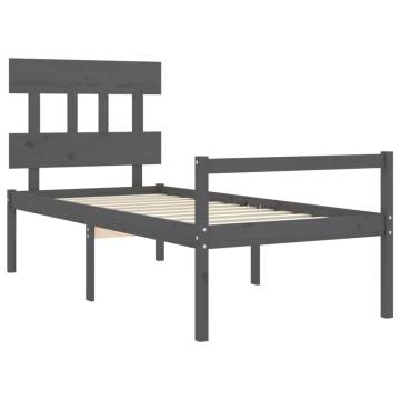 Grey Bed Frame with Headboard 100x200 cm - Solid Wood Design