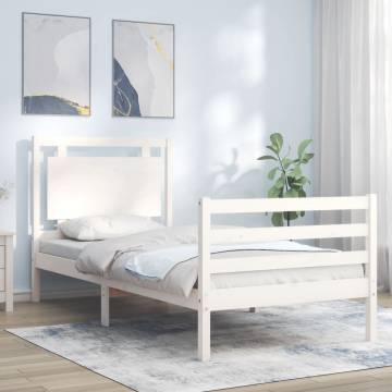 White Small Single Bed Frame with Headboard - Solid Wood